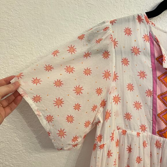 Marea Tiki Dress Small Mini Starburst Aztec Print White Pink Beachy Coverup Boho - Picture 5 of 15